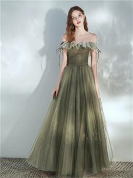 Picture of Green Off Shoulder Tulle Long Junior Prom Dresses, Green Floor Length Party Dresses